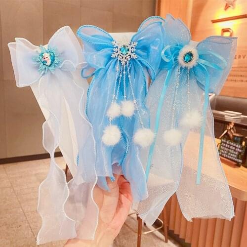 2021 Fashion Big Gauze Bow Hairpins Blue Ice Snow Glitter Gemstone Crown Bowknot Hair Clips Princess Headwear Hair Accessories