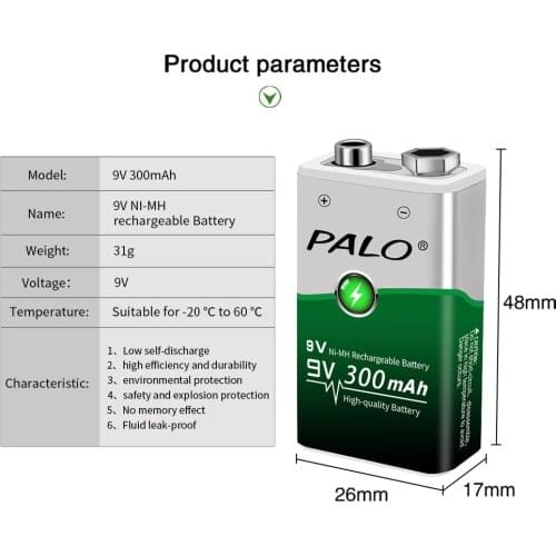 PALO 9V Battery Li-ion 9V Rechargeable battery 9v lithium batteries charging For Toy Remote Control KTV Multimeter Microphone