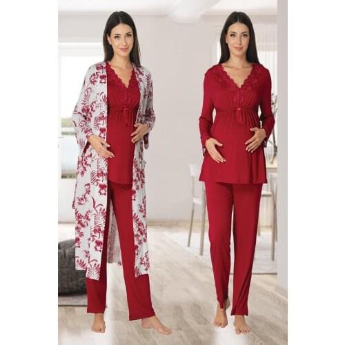 Womens Cherry Long-Sleeve Maternity Sleepwear Set Dressing Gown Puerperal Set