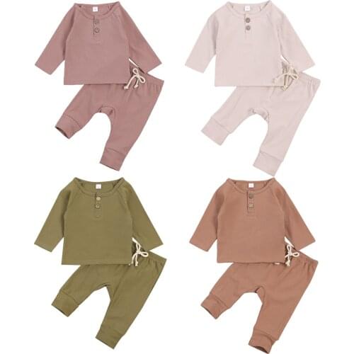 2020 0-24M Infant Baby Girl Boy Clothing 2pcs Autumn New Button Solid Color Top+Long Trousers Harem Pants Cotton Outfits Set