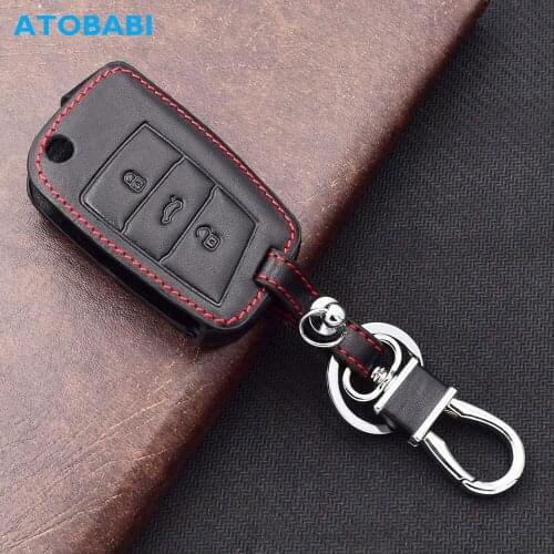Leather Car Key Case For VW Volkswagen Golf MK7 Jetta Beetle GTI EOS Seat Leon Skoda Octavia 3 Buttons Folding Remote Fobs Cover