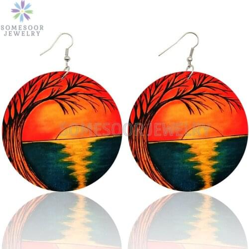 SOMESOOR Beautiful Scenery Paint Artistic Wooden Drop Earrings Afrocentric Ethnic Printing Wood Dangle Jewelry For Women Gifts
