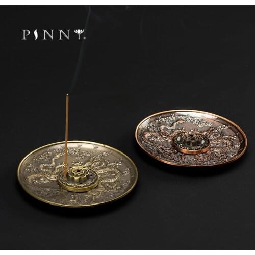 PINNY Metal Circle Dragon Carving Incense Holder Alloy Stick Incense Burner Tea House Decoration Zen Decor Sandalwood Base
