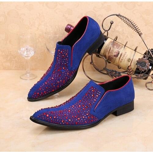 Mens Sapphire Red Formal Dress Wedding Shoes Rhinestones Pointed Toe Loafer Size