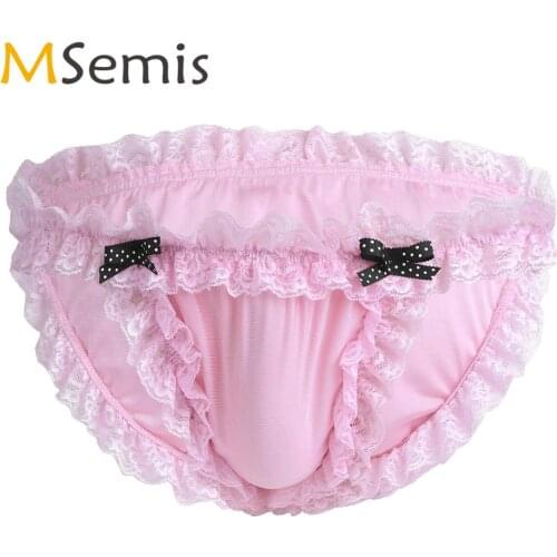 Men Underwear Low Rise Ruffled Lace Trimming Sissy Bikini Briefs Smooth Satin Slip Lingerie Sexy Gay Crossdressing Maid Panties