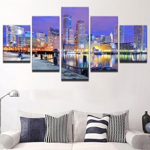 5 Panel Boston Harbor Night Landscape Diamond Embroidery full square round drill Mosaic Set Diamond Painting Sale ,WW219