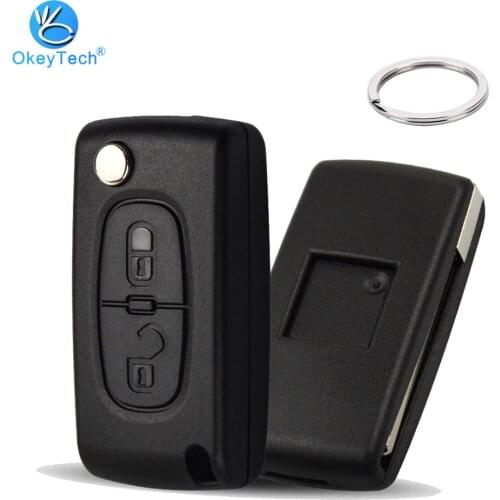 OkeyTech For Peugeot 307 407 308 For Citroen 2 Button Flip Folding Remote Car Key Shell Ring Cover Case Fob Uncut HU83/VA2 Blade