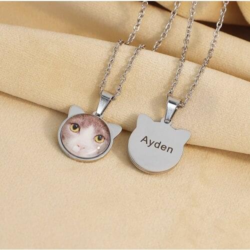 Custom Name Photo Cat Ears Round Tag Necklace Personalized Silver Color Nameplate Pendant For Women Men Customized Charm Jewelry
