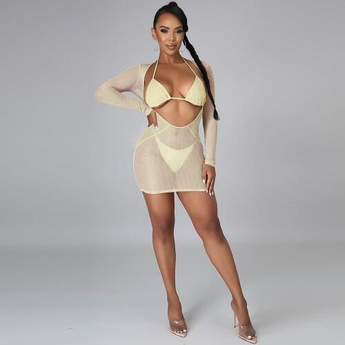 Sexy Sheer Mesh Rhinestones 3 Piece Club Outfits Women Halter Bra Top+underpant+party Clubwear Sheath Dress Midnight Tracksuit