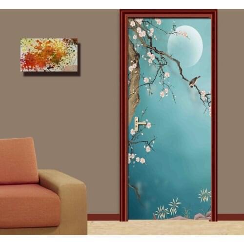 PVC Waterproof Self-adhesive 3D Door Stickers Living Room Bedroom Door Home Decor Hand-painted Plum Bird Mural Door Wallpaper