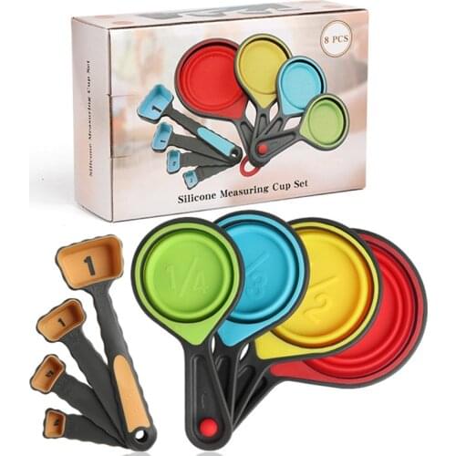 Food Grade Colorful Silicone Material Adjustable Collapsible Measuring Cups And Spoons Set of 8