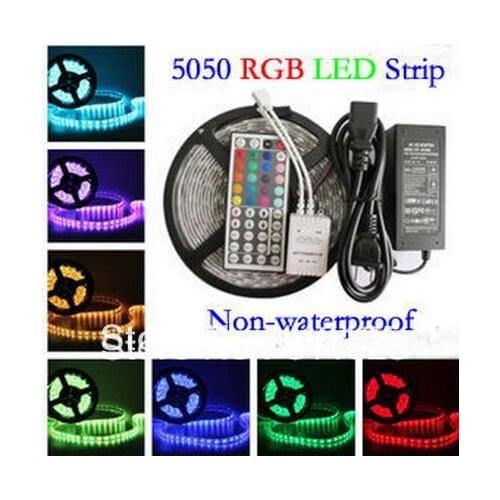 RGB Led Strip 5050 Flexible LED Light 5M 300leds SMD + 44 Key Remote Controller + 12V 5A Power Adapter Transformer Free Shipping