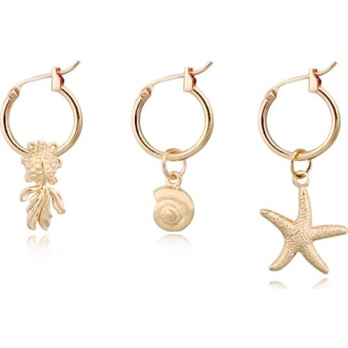 1Pair Cute Small Fish Starfish Snails Hoop Earring Women Personality Gold Color Mini Animals Pendant Circle Earring Jewelry E314