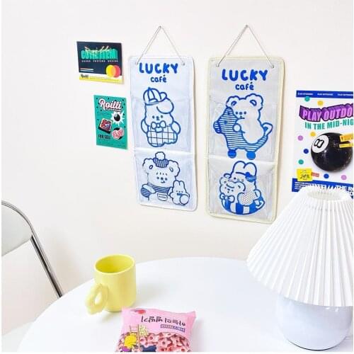 Cute Japanese jelly bear canvas storage bag dormitory wall hanging debris storage bag cartoon wall decoration bag