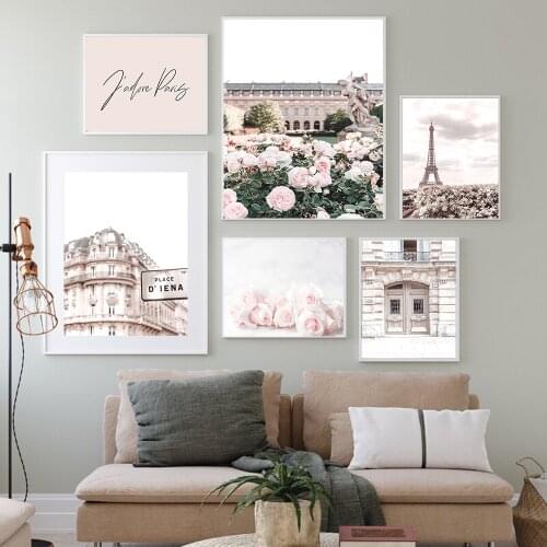 Scandinavian Pink Flower Posters Paris Tower Picture Nordic Canvas Painting for Living Room Girls Bedroom Fashion Wall Art Print
