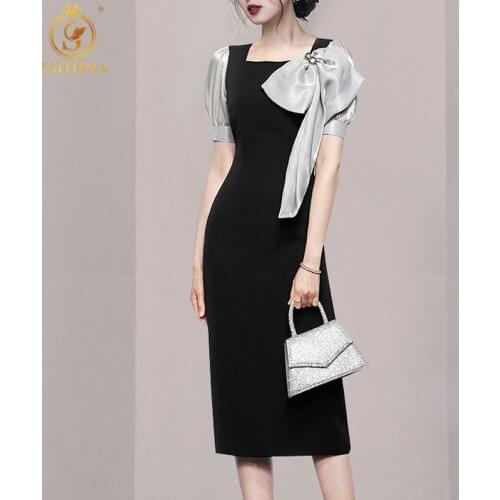 SMTHMA 2021 New Fashion Summer French Vintage Patchwork Puff Sleeve Dress Korea Chic Bowknot Slim Dresses Vestidos