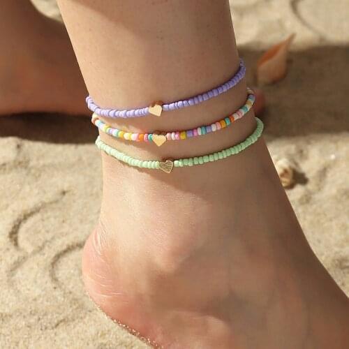Heart Anklets for Women Girls Foot Jewelry Boho Beaded Holiday Beach Barefoot Sandals Bracelet on the leg Ankle Colorful strap
