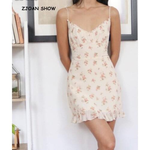 Vintage France Summer Wood ears V neck Flower Print Bandage Spaghetti Strap Short Dress Sexy Women Cream Lacing Up Sling Dress