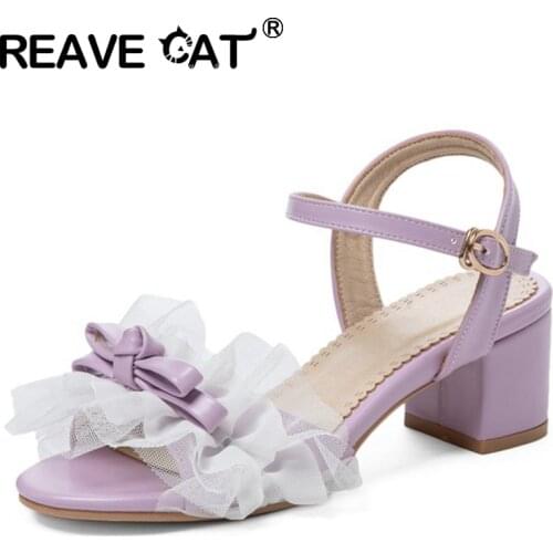 REAVE CAT New 2021 Ladies Sandals Open Toe Round Toe Flower Buckle Strap High Block Heels Bowknot Lace Casual Summer A4075