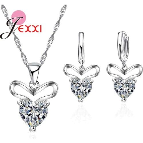 Hot Sale Women Engagement 925 Jewelry Sets With Heart Austrian Crystal Charm Pendants Necklaces Earring Set Lady