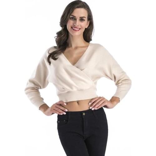 Spring Winter Fashion Sweater Women Casual Loose Slim Bodycon Knitted Solid Sweaters for Women V-neck Batwing Sleeve Short Tops