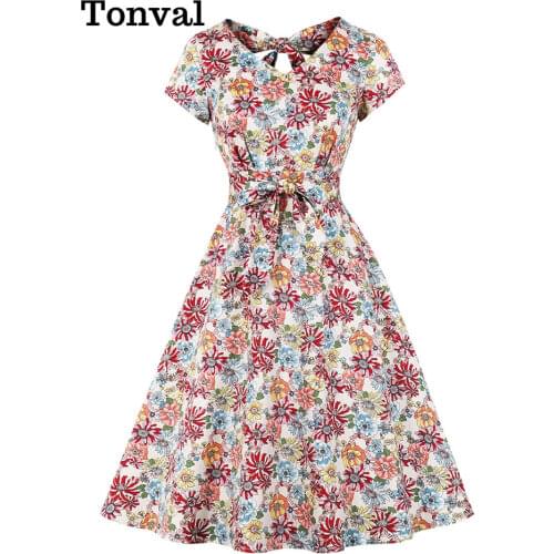 Tonval Women Floral Dress Short Sleeve Rockabilly Vintage Clothes Multicolor Elegant Tie Back Party Backless Belted Midi Dresses