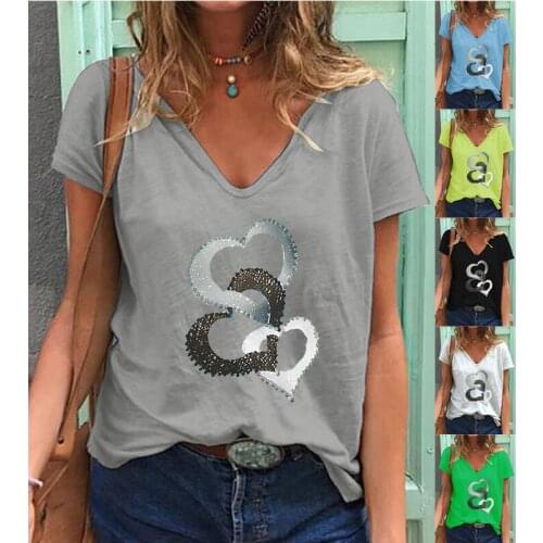 5XL Large Size Fashion New Women T-Shirt Elegant Love Print Ladies Tee Casual V-Neck Short Sleeve Female Tops