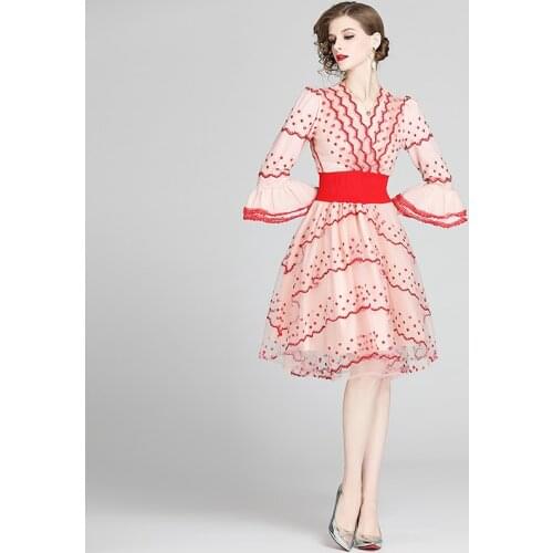 BLLOCUE Women Sexy V-neck Flower Embroidery 3/4 Flare Sleeve Temperament Elegant Mesh Ripple Fashion Party Dresses Vestidos