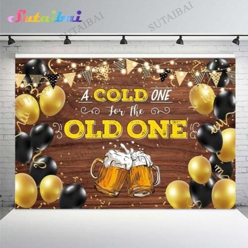 A Cold One for The Old One Birthday Party Oktoberfest Background Vintage Wood Wall Balloon Banner Beer Festival Photo Booth