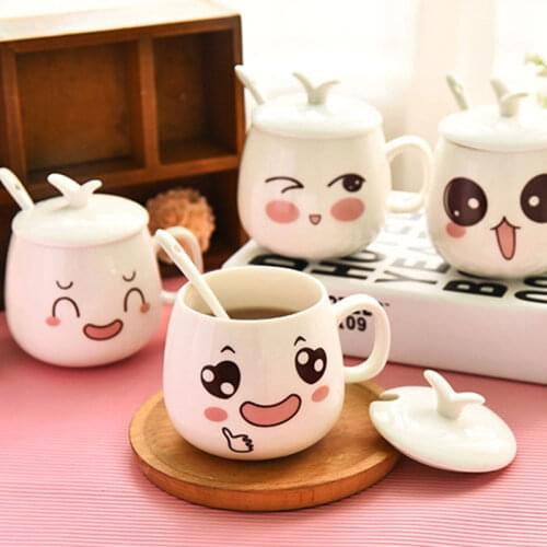 320ML Creative expression Ceramic Mug milk cup coffee mug Creative cute cup with lid ceramic spoon large capacity