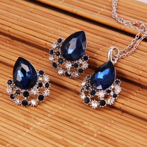 Austrian Blue Crystal Jewelry Set Gold Filled Womens Droplets Necklace Earrings Set