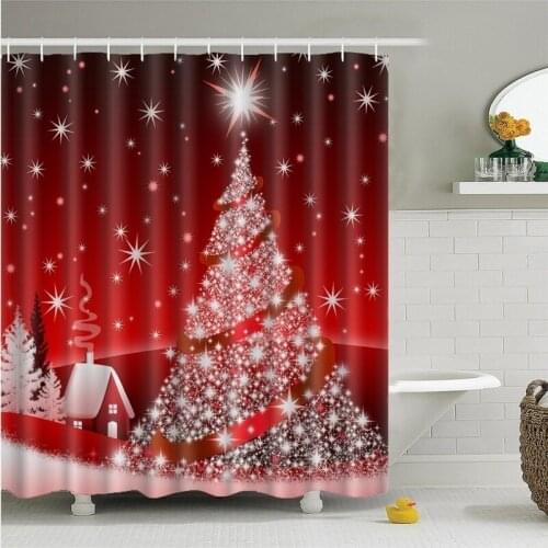 Sparkling Red Christmas Tree Printed Waterproof Bath Shower Curtains Set Toilet Cover Mat Set Bathroom Decoration with 12 Hooks