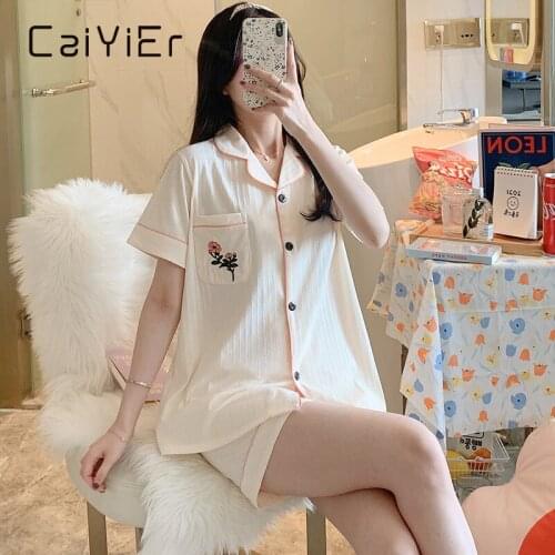 CAIYIER Flower Embroidery Girl Cotton Summer Pajamas Set Short Sleeve Shorts Ladies Nightwear Cute Colorful Sleepwear Loungewear
