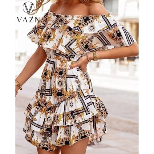 VAZN 2021 Slash Neck Print Fancy Night Party Lady Holiday Elegant Mini Dresses Sexy Club Birthday Women Elegant Fashion Dress