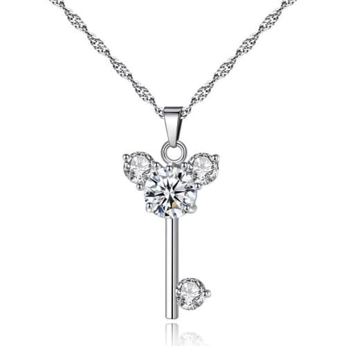 Key shape hanging pendant necklace setting cubic zirconia water wave chain silver color necklace for women