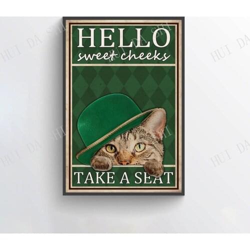 Cat Poster - Hello Sweet Cheeks Take A Seat, Funny Cat Wall Art, Cat Bathroom Poster, Bathroom Signs, Cat Restroom Prints