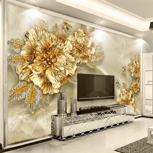 European Style 3D Stereo Luxury Gold Diamond Flowers Silk Jewelry Murals Wallpaper Living Room Hotel Background Wall Cloth Decor