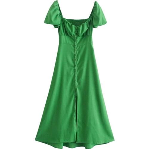 XNWMNZ Za Dress 2021 fashion women solid Green dress pleated puff short sleeve ladies casual midi dress vestidos robe