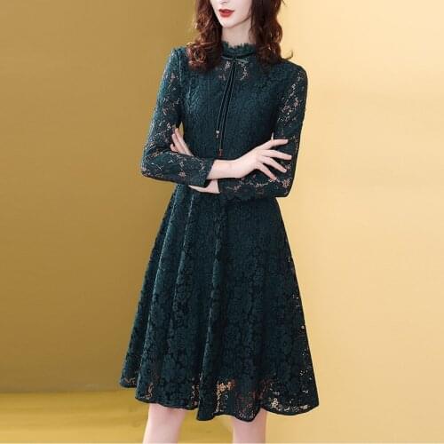 Green Lace Casual Dress O-Neck Slim A-Line Party Knee Dresses Long Sleeve Ladies Spring Autumn 2021 New Lace Up Floral Vetsidos
