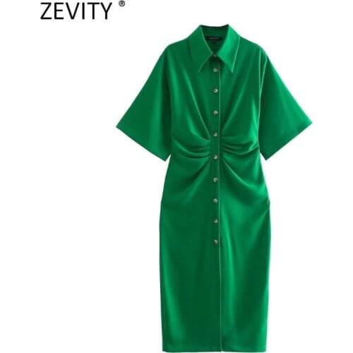 Zevity Women 2021 Chic Fashion Button-up Draped Midi Shirt Dress Vintage Short Sleeve Side Zipper Female Dresses Vestidos DS8602