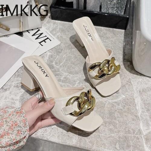 2021 Sexy Square Toe Women Sandals Solid Summer Lady Heels Shoes Fashion Metal Decorate Ladies Sandals Zapatillas Mujer Casa 43