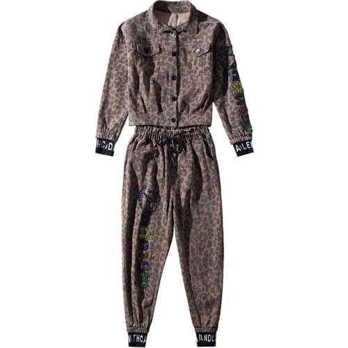 Europe 2-piece Set Womens New Leopard Print Denim Jacket Locomotive Jacket Top And Harlan Pants Fashion Two-piece Suit Women