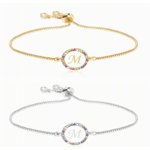 Colorful Rainbow Zircon 26 Letter Bracelet for Women Adjustable Initial Bracelet Femme Snake Chain Jewelry Valentines Day Gifts