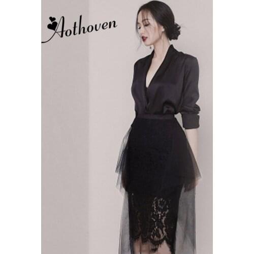 2 Piece Set Spring Women Black Full Sleeve V Neck Shirt Top and Mesh Patchwork Lace Midi Skirt Office Two Piece Set Vestidos