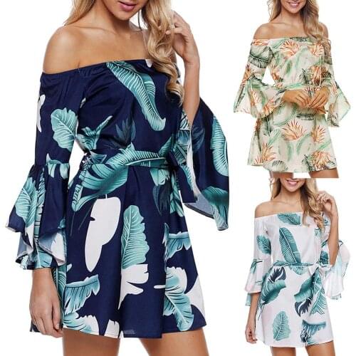 Women Sexy Off Shoulder Fashion Casual Dresses Half Flare Sleeve Print Beach Dress Short Mini Dress Slash Neck Loose