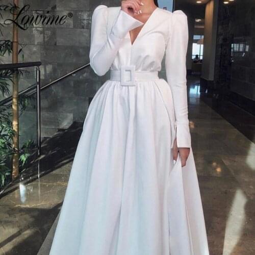 White Dubai Design Formal Evening Dress Kaftans With Belt Islamic Saudi Arabic Long Sleeve Turkish Prom Dresses Satin Party Gown