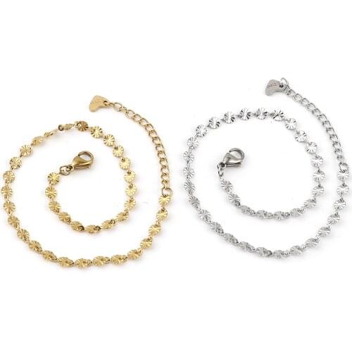 1 PC Stainless Steel Anklet Engraved Round Connector Extension Chain Anklet Round Carved Pattern for Women Summer New 23cm long