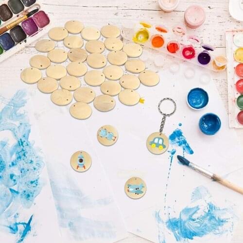 100x 35mm Craft Wood Blanks Keychains Key Ring Crafting Wooden Discs Circle
