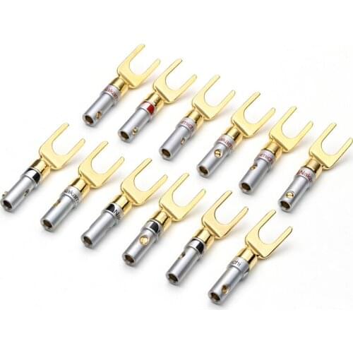 12PCS Nakamichi Banana Plug Gold Plated Copper U- type Banana Connectors Audio Speaker Cable Wire Connector