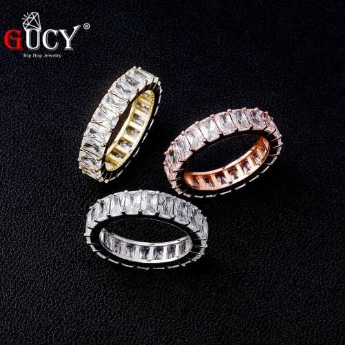 1Row Baguette Zircon Womens Ring Copper Charms Gold Color Iced RING Fashion Hip Hop Rock Jewelry For Gift
